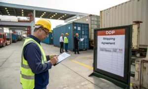 Magazijnmedewerker controleert DDP verzendovereenkomst en logistiek