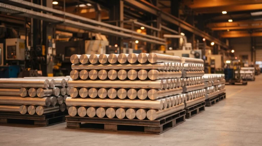Gestapelde aluminium blokken met warme industriële belichting