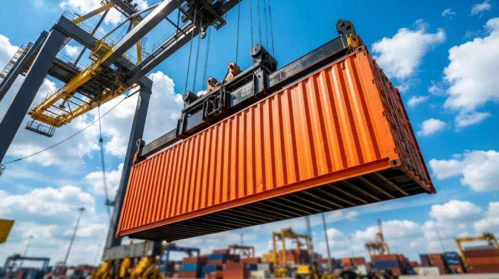 Een oranje zeecontainer die door een kraan wordt getild tegen een blauwe lucht