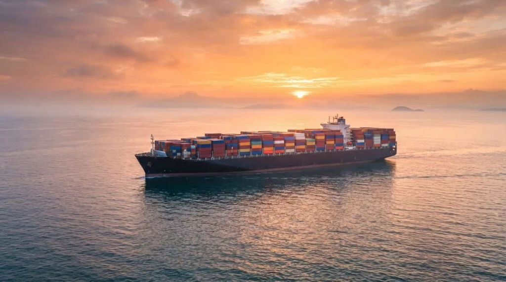 Volgeladen containerschip vaart bij zonsopkomst de haven binnen