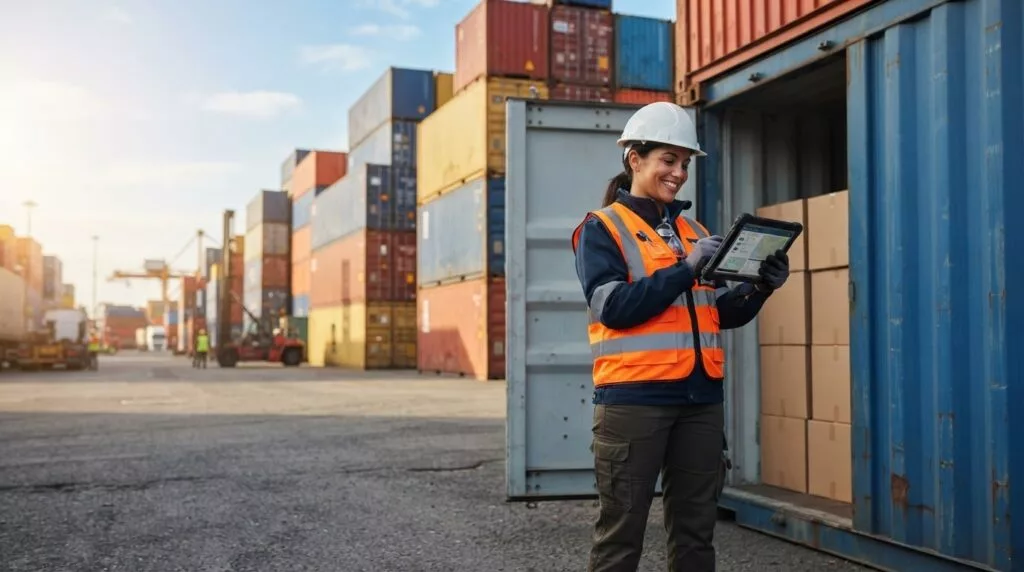 Inspecteur met tablet bij een geopende container op een terminal