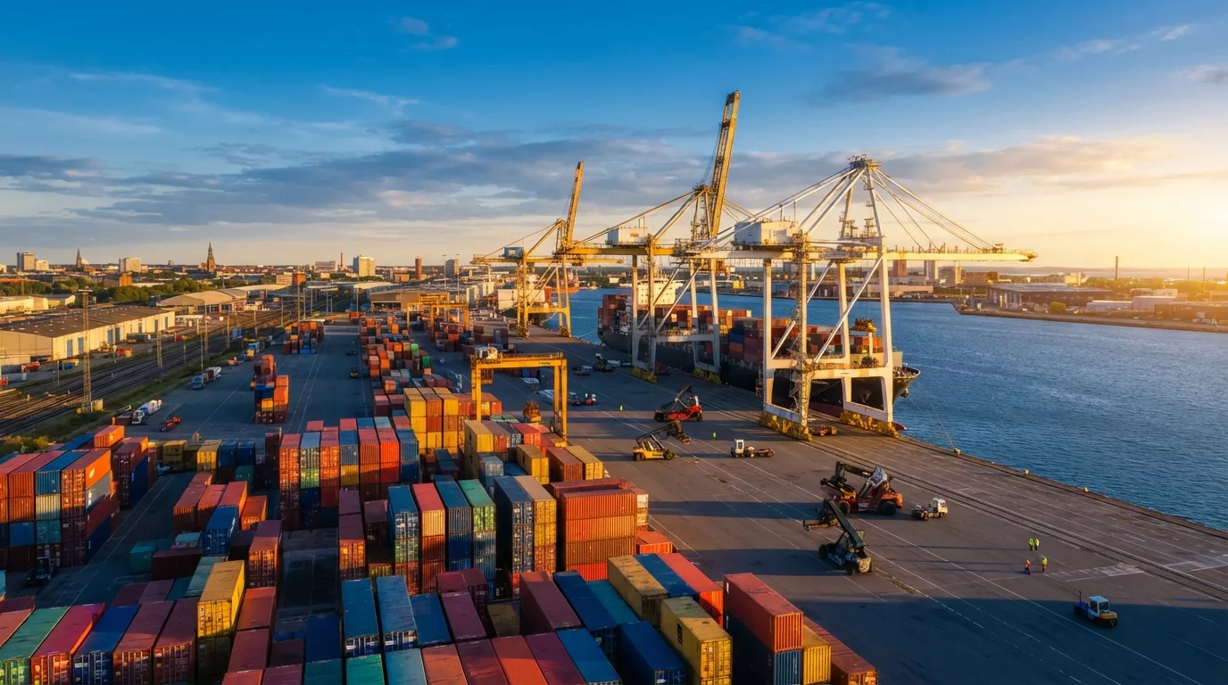 Kleurrijke zeecontainers op een containerterminal in het warme licht van de late middag
