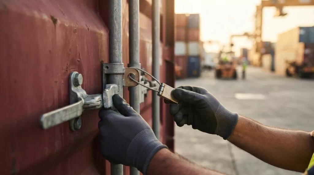 Handen die een douanezegel op een containerdeur controleren