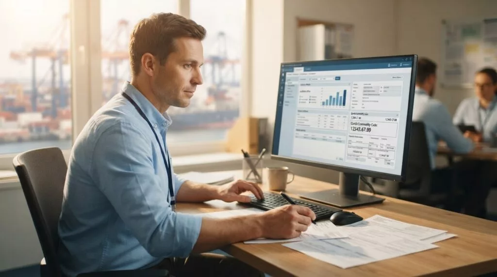Douane-expediteur controleert douanedocumenten en goederencodes op kantoor