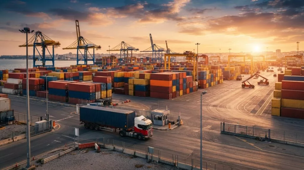 Containerterminal bij ochtendlicht met vrachtwagen bij de poort