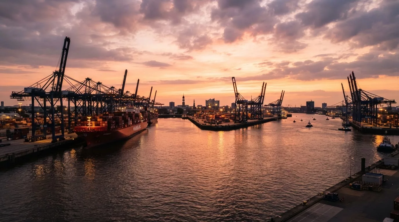 Havengebied bij zonsondergang met kranen en containerschepen aan de kade