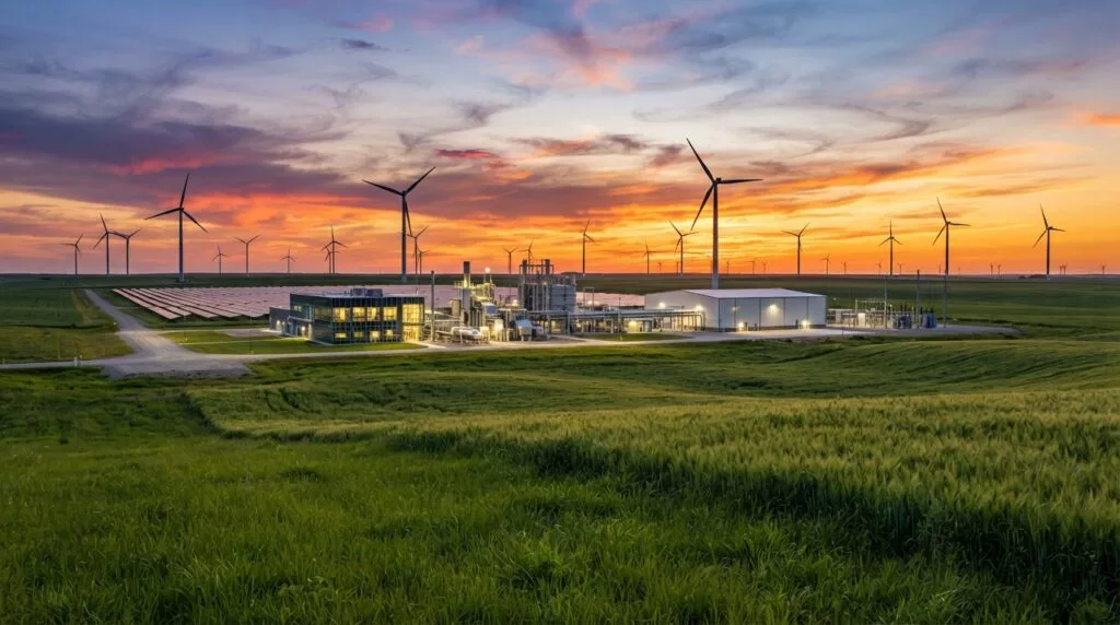 Industriegebied met windturbines op de achtergrond bij zonsondergang