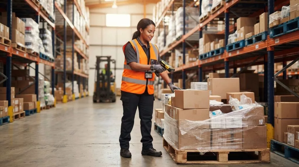 Magazijnmedewerker scant een pallet in een verlicht magazijn