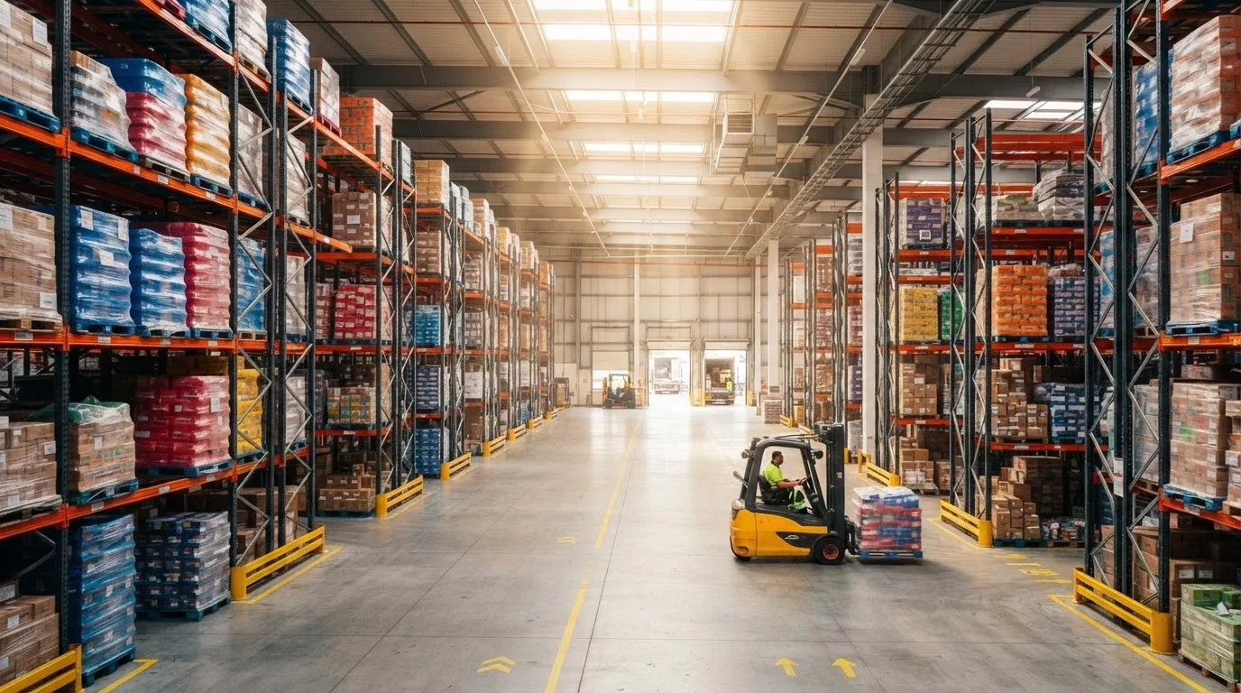 Ruim modern magazijn met kleurrijke pallets en daglicht door de dakramen