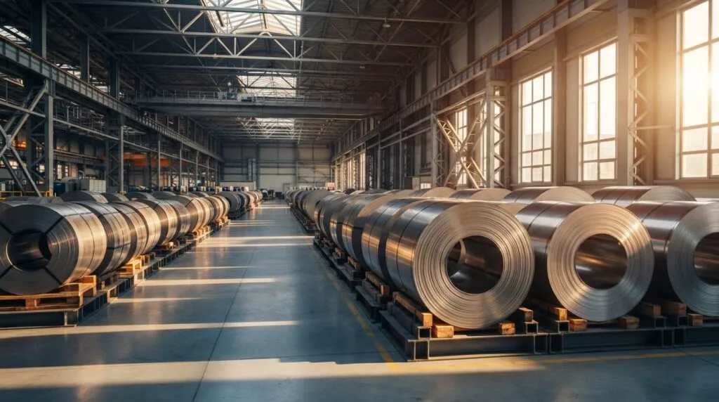 Rijen staalrollen in een goed verlichte industriële loods