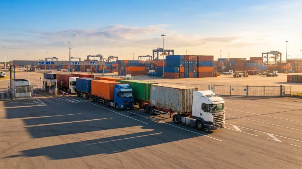 Vrachtwagens bij de terminalpoort in het warme ochtendlicht