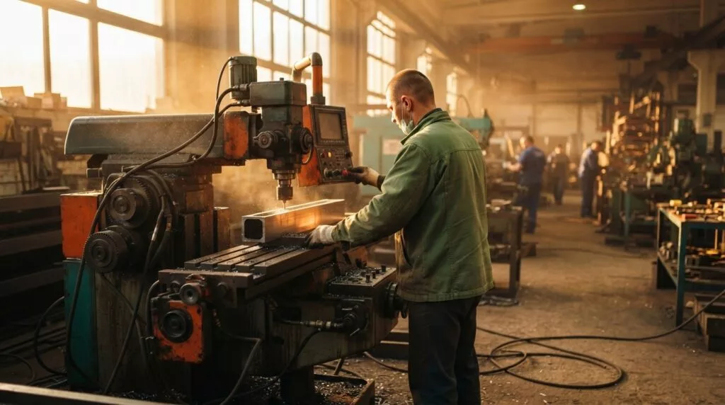 Machinebouwer bewerkt een metalen onderdeel in een productiehal