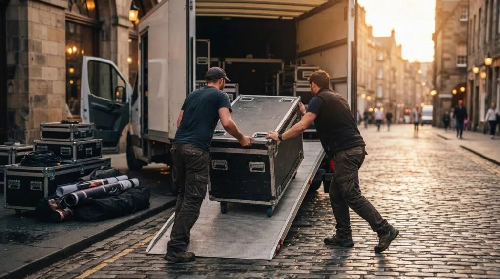 Twee medewerkers laden flightcases met beursmateriaal in een vrachtwagen