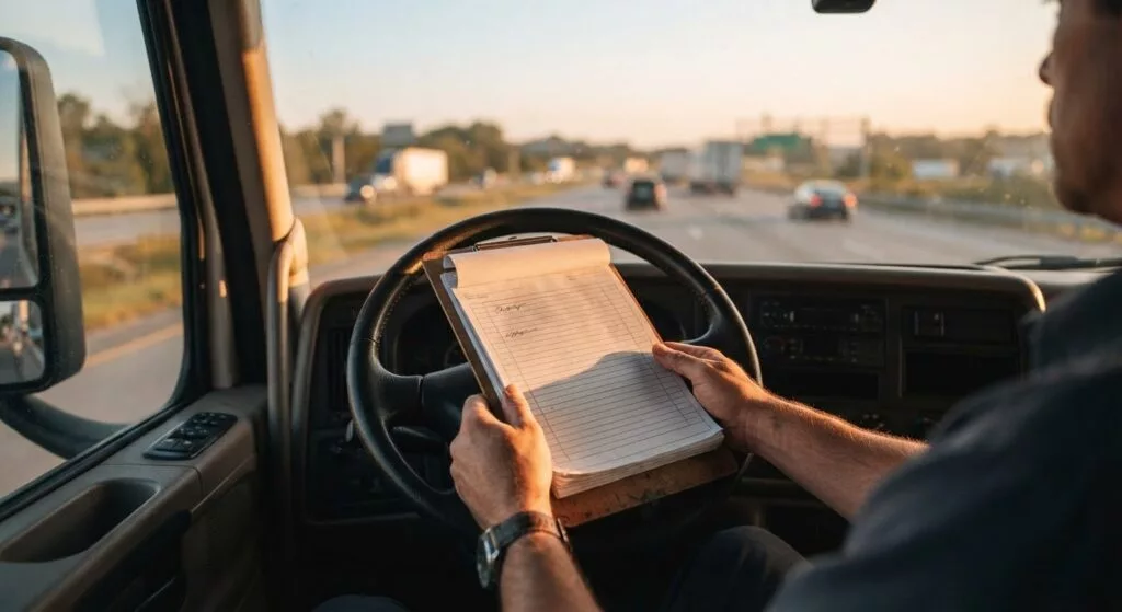 Handen van een chauffeur met de doorslagen van een vrachtbrief op een klembord in de cabine