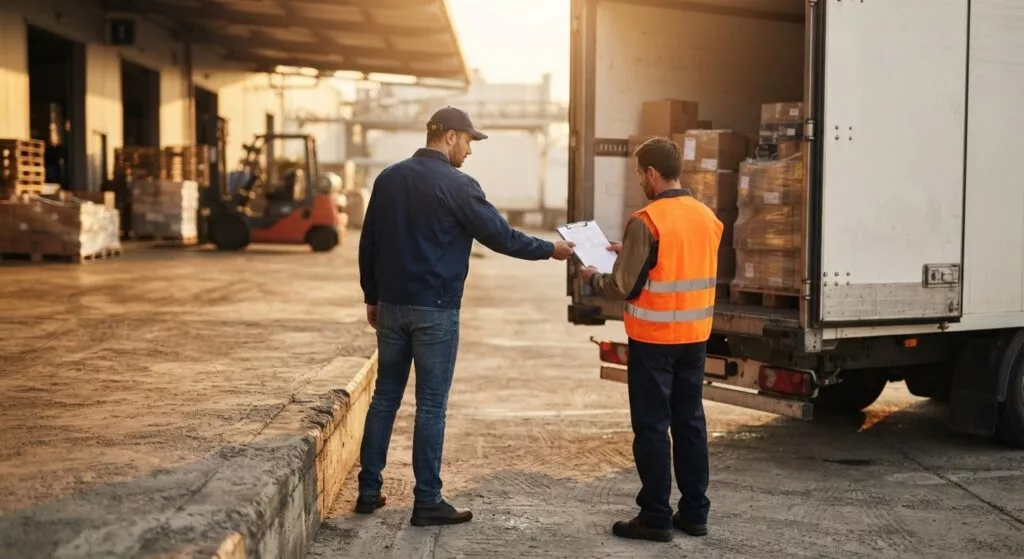 Chauffeur overhandigt de vrachtbrief aan een loodsmedewerker bij de open achterdeuren van een trailer