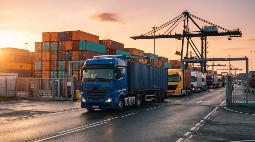 Vrachtwagens bij een containerterminal in de vroege ochtend