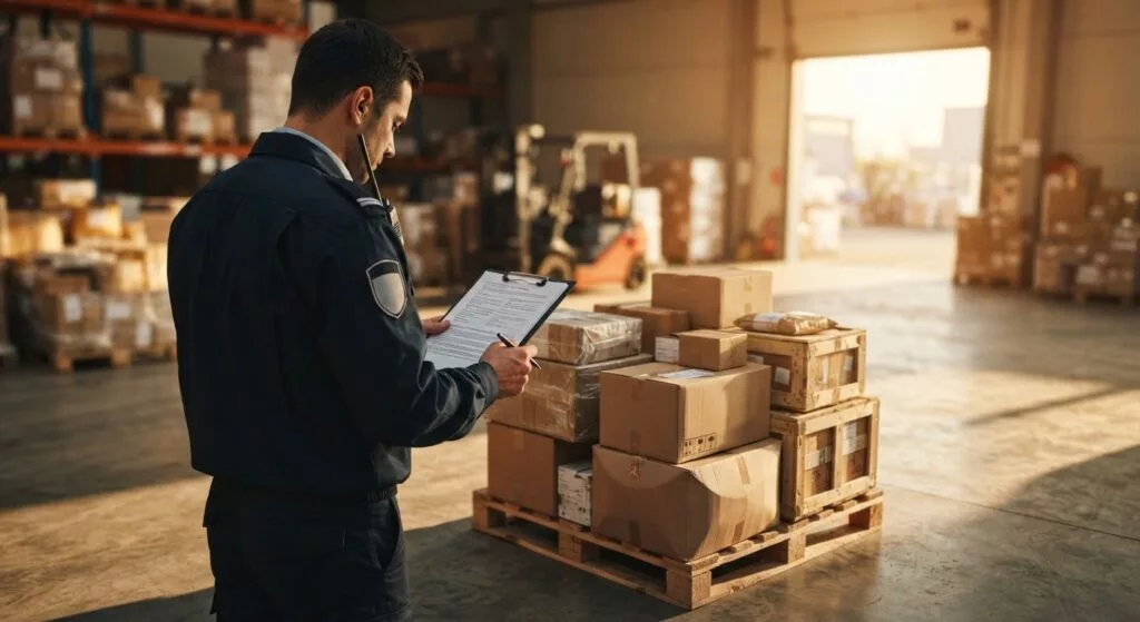 Douanecontroleur vergelijkt de vrachtdocumenten met de dozen op een pallet in een loods
