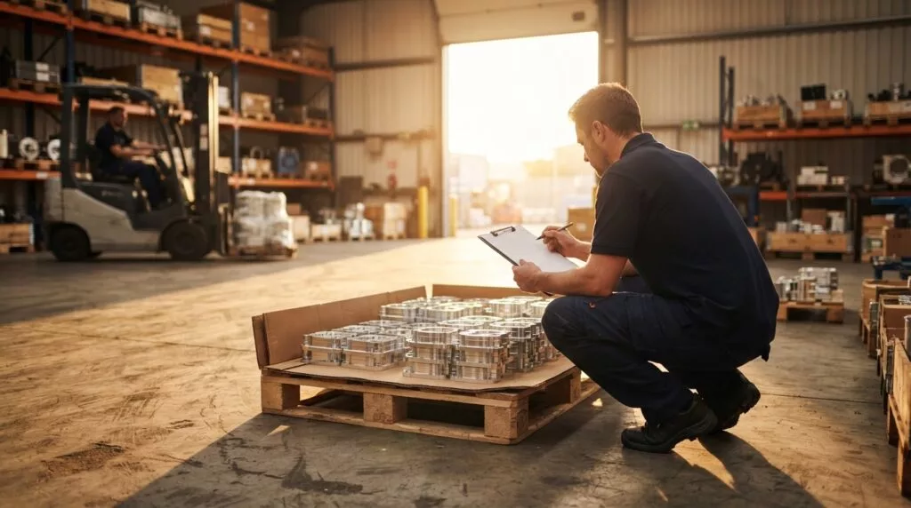 Magazijnmedewerker controleert aluminium onderdelen op een pallet tegen de vrachtpapieren