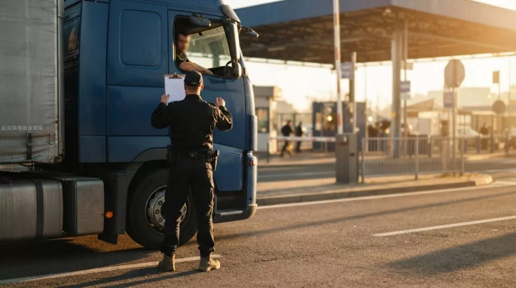 Douanebeambte controleert documenten bij een vrachtwagen aan een grenspost