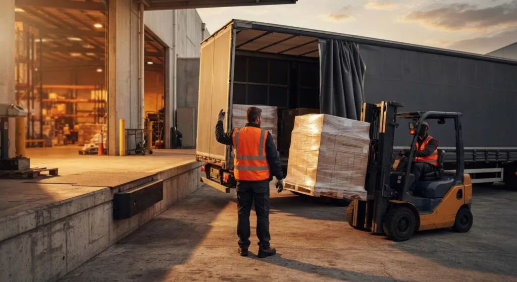 Medewerker begeleidt het laden van pallets in een trailer op de laadkade van een fabriek