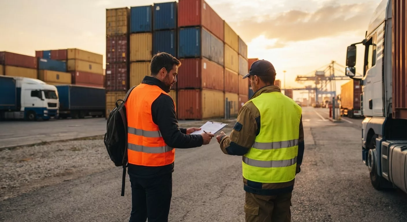 Expediteur overhandigt vrachtpapieren aan een chauffeur bij de poort van een containerterminal