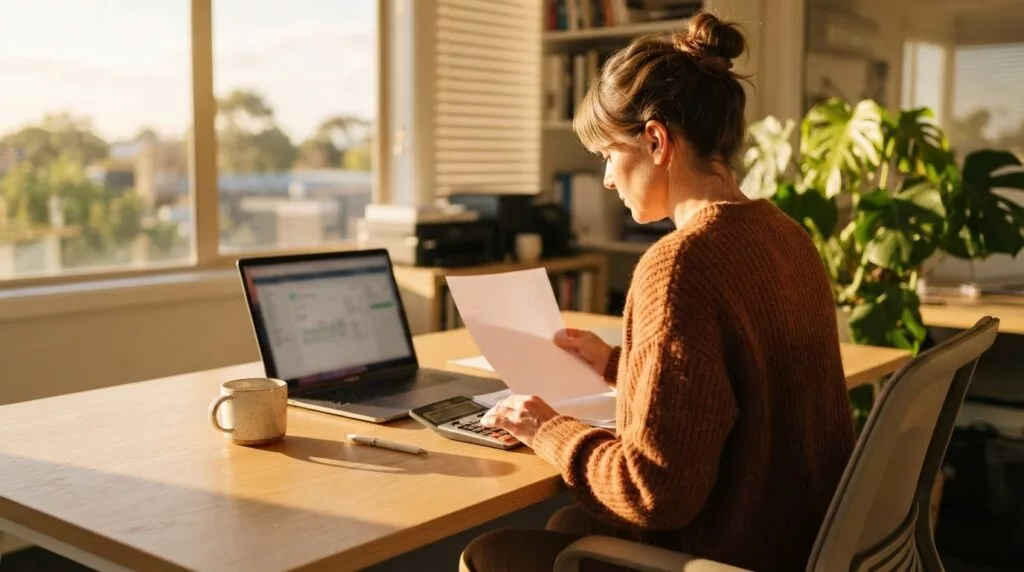 Medewerker berekent invoerrechten aan een bureau met factuur en rekenmachine