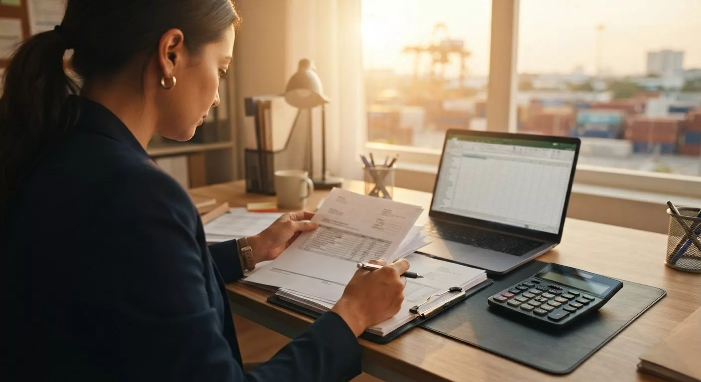 Exportmedewerker stelt een proforma factuur op aan een bureau met laptop en rekenmachine