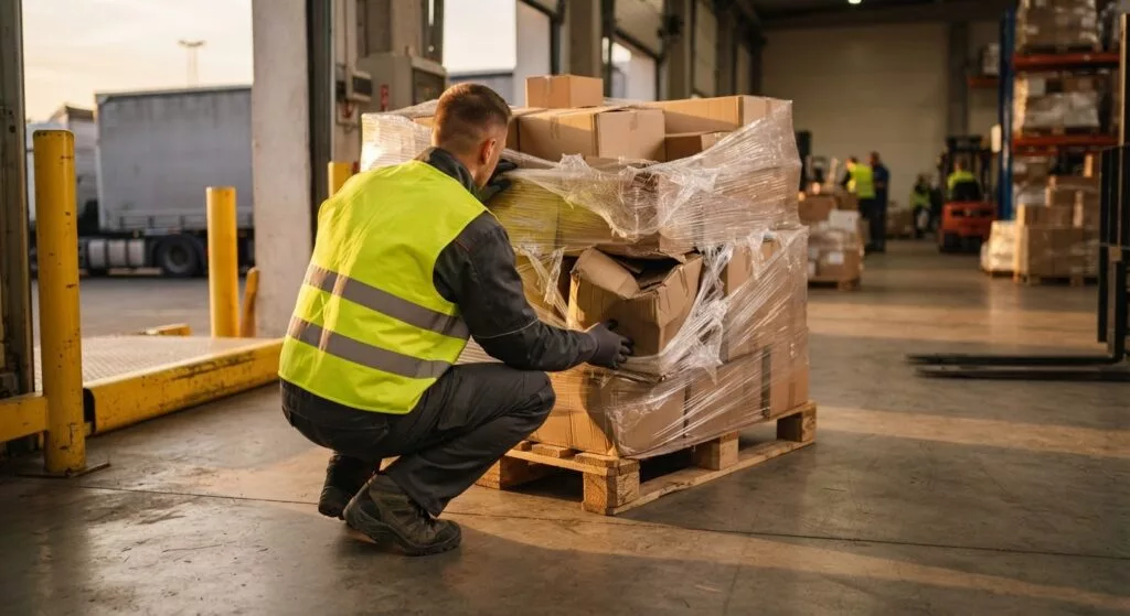 Logistiek medewerker controleert een beschadigde hoek van een gewikkelde pallet bij de losplaats