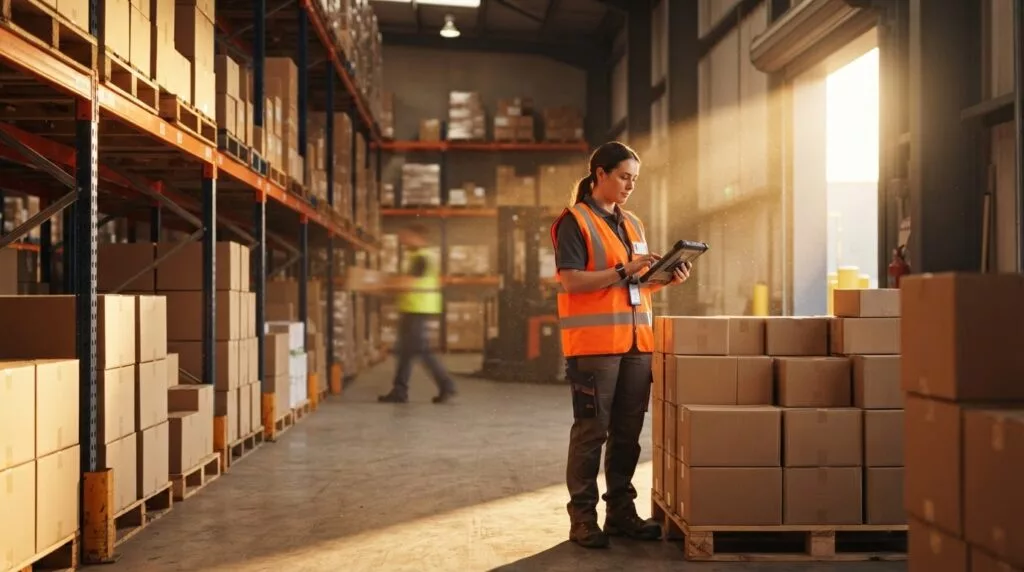 Logistiek medewerker registreert goederen onder douaneregeling in een magazijn