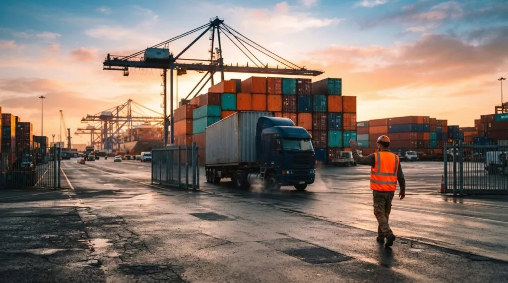 Vrachtwagen verlaat bij zonsopgang de containerterminal na vrijgave door de douane